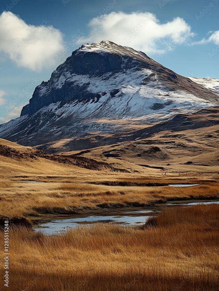 Poster breathtaking view of a majestic mountain peak surrounded by golden grassland under a blue sky with c