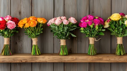 Fototapeta premium Beautifully arranged bouquets in a flower shop Concept, Vibrant Seasonal Flower Bouquets Tied with Raffia on a Rustic Wooden Shelf