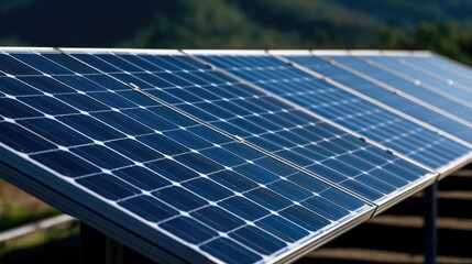 Solar panels on a hillside, generating clean energy. Possible use Stock photo