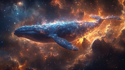Fototapeta premium Artistic depiction of a whale in space, surrounded by a galaxy nebula, cosmic stars