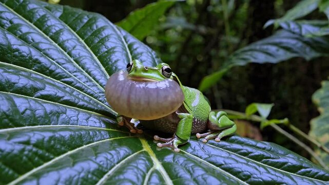 Close-up of a green frog on a large leaf in a forest, captured from a low angle. The scene evokes a natural, documentary-style video feel.