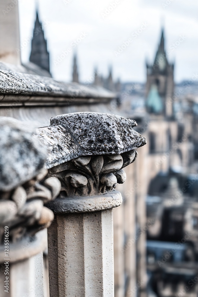 Aufkleber architectural detail of ancient stone columns against blurred city view : generative ai
