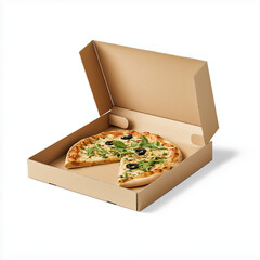 Partially eaten pizza in a cardboard box with one slice removed, revealing toppings of spinach, cheese, and tomato sauce