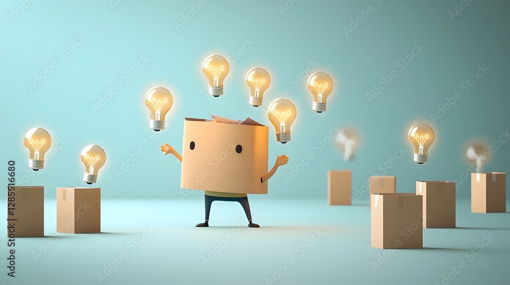 Poster Cute and whimsical of a character surrounded by floating lightbulbs representing the process of brainstorming creativity and innovative thinking  The image symbolizes the spark of new ideas