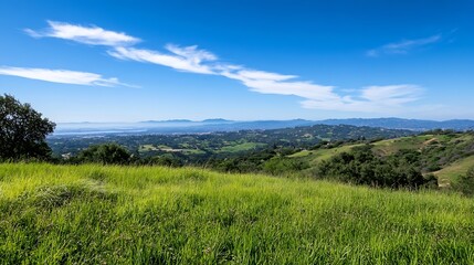 Obraz premium Stunning Panoramic View of Green Hills and Blue Sky : Generative AI