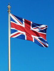 Union Jack Flag Flying Against a Clear Blue Sky Representing British Pride and Heritage : Generative AI
