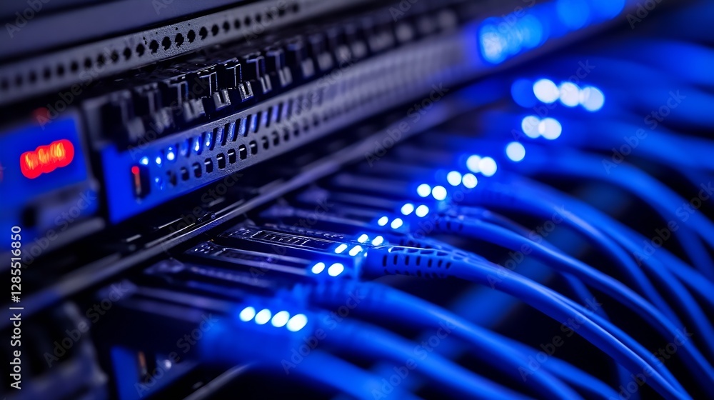 Leinwandbilder Close Up of Network Server with Blue LED Lights and Cables In a Data Center Environment : Generative AI