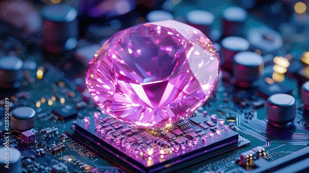 Poster pink gemstone on circuit board with digital elements in background
