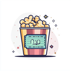 Striped popcorn bucket filled with fluffy popcorn, featuring a green movie ticket, representing a fun cinema snack