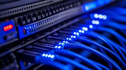 Close Up of Network Server with Blue LED Lights and Cables In a Data Center Environment : Generative AI