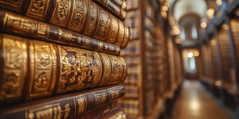Fototapeta premium Ancient gold decorated books stacked in vatican library