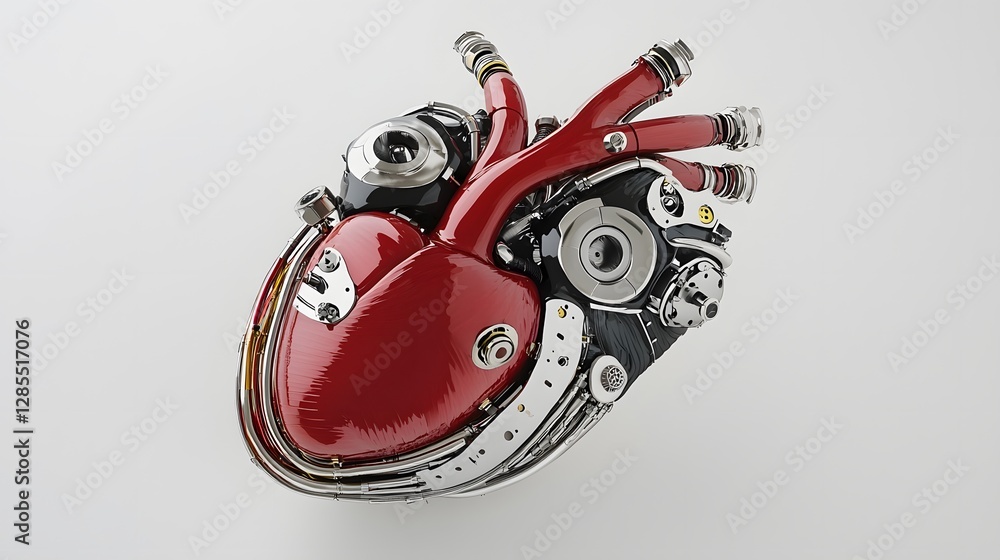 Poster depiction of a cyborg s hybrid biological and mechanical heart encased in a titanium shell showcasin