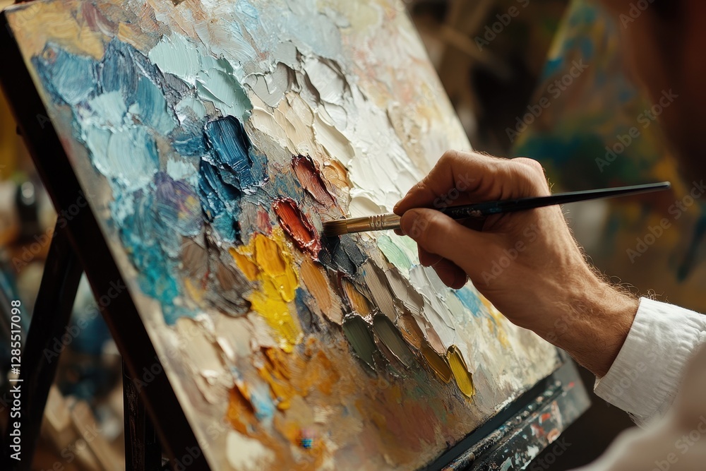 Poster man creates artwork using a color palette on a graphic tablet in a bright studio, man works with a c