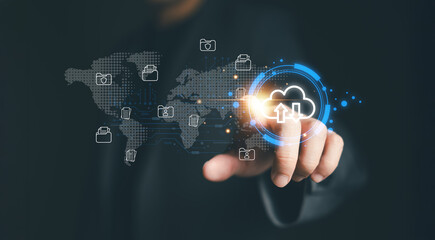 Business person migrate data and corporate information into cloud technology for data security and...