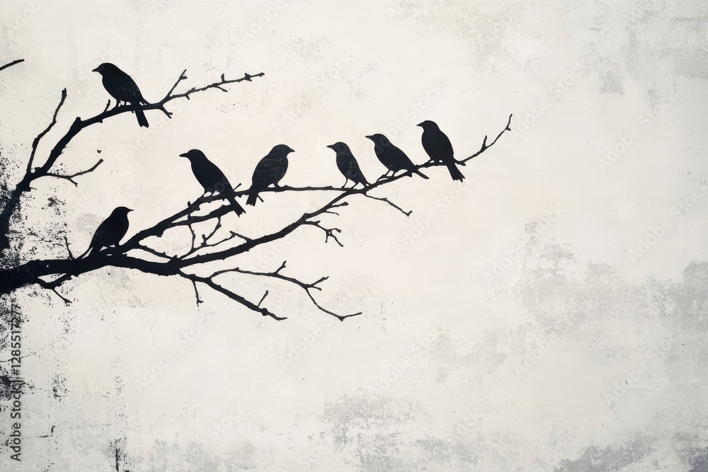 Poster flock of sparrows resting on a bare branch against a muted backdrop during twilight hours, sparrows 