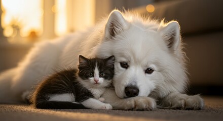 A heartwarming moment, A fluffy white dog affectionately embracing a kitten