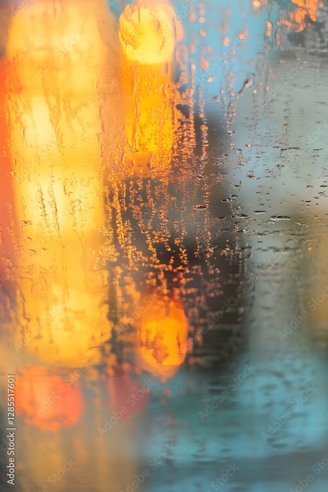 Leinwandbilder abstract close-up of raindrops on glass with vibrant bokeh background for artistic effect : generati