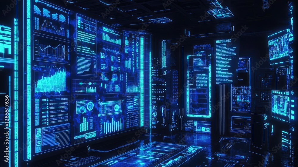 Poster futuristic data control room with digital interfaces and analytics