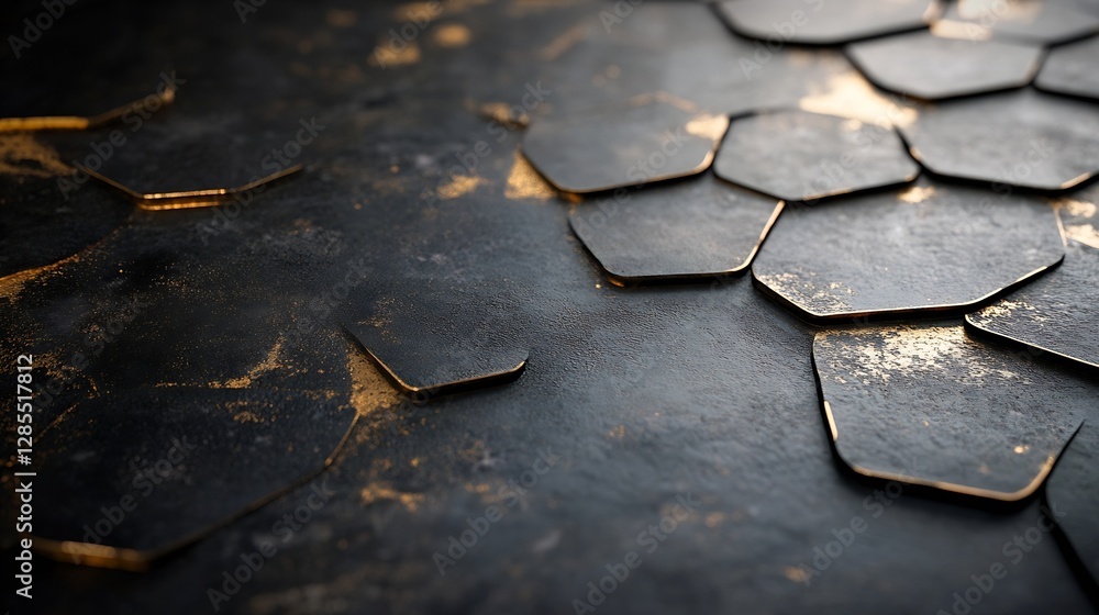 Fototapete close-up of metallic textured surface with golden hexagonal pattern : generative ai