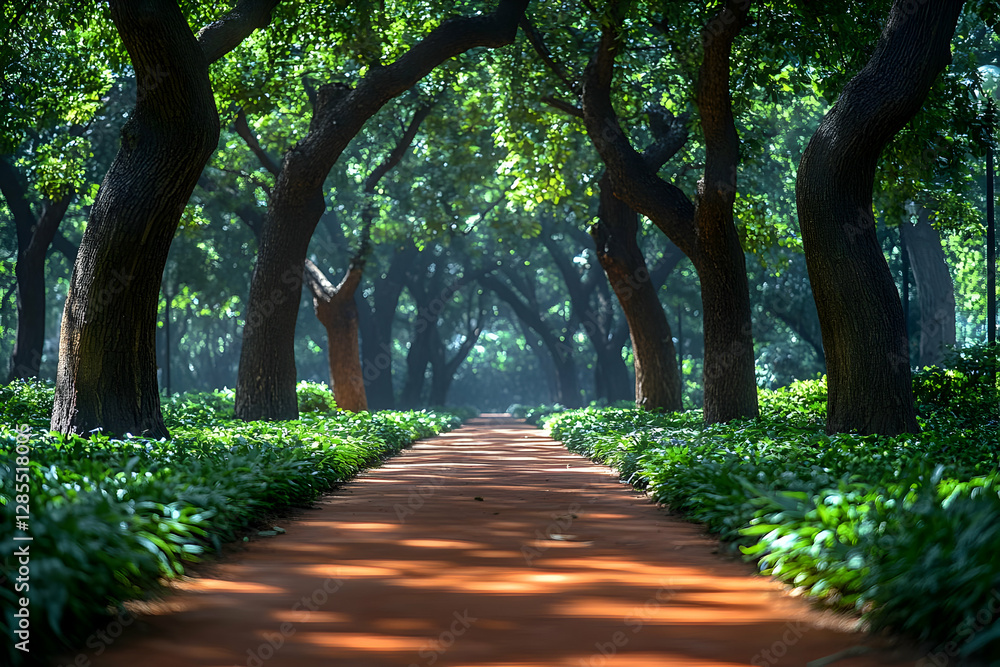 Poster scenic forest pathway with lush greenery and sunlight streaming through canopy of towering trees cre