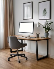 Workplace interior with table and computer on parquet floor. Mockup