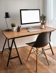 Workplace interior with table and computer on parquet floor. Mockup