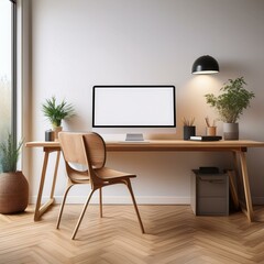 Workplace interior with table and computer on parquet floor. Mockup
