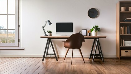 Workplace interior with table and computer on parquet floor. Mockup
