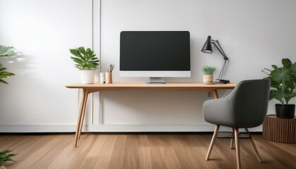 Workplace interior with table and computer on parquet floor. Mockup