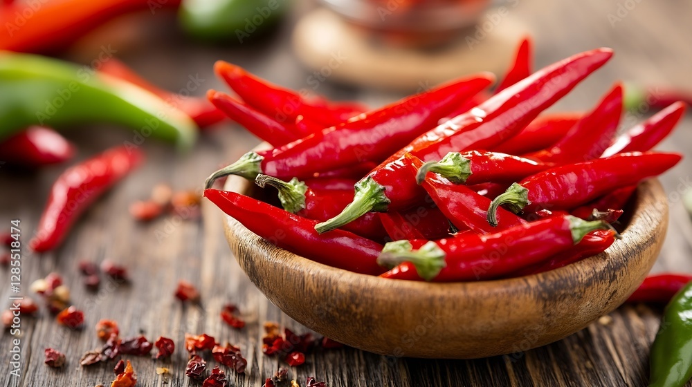 Poster fresh red chili peppers in a beautiful wooden bowl with spices on a rustic table : generative ai