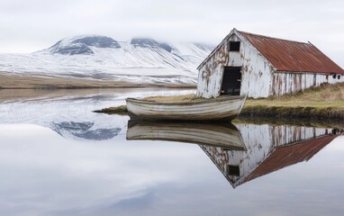 Reflections of an old boathouse and a wooden boat in Icelandic waters during winter