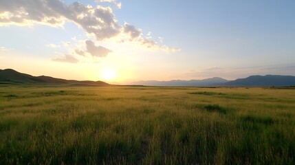 Obraz premium Breathtaking Sunset Over Rolling Fields with Vibrant Clouds and Mountains in Distance : Generative AI