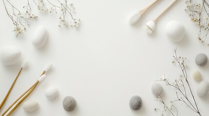   A white table with white and gray yarn balls and a wooden skewer filled with cotton swabs