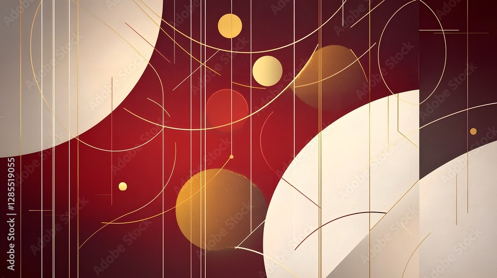 Poster elegant art deco inspired pattern featuring muted gold lines and shapes on a deep burgundy colored b