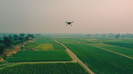 Fototapeta premium Aerial View of Drone Flying Over Lush Green Fields at Sunrise