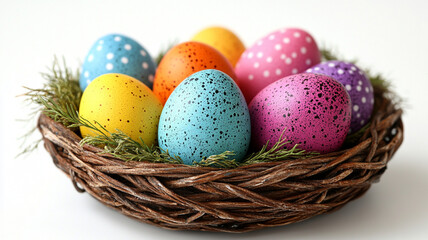 Naklejka premium Easter eggs in a nest on a white background.