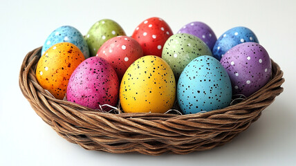 Easter eggs in a nest on a white background.