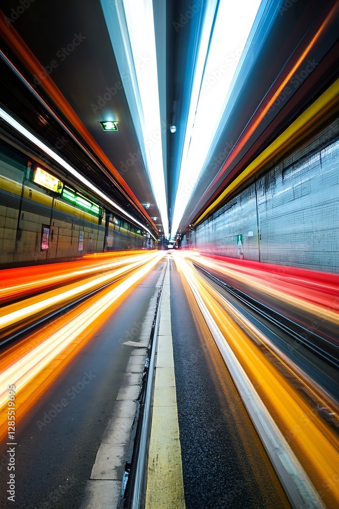 Poster Dynamic Night Photo of Motion Blur from Fast Moving Traffic in Tube Station : Generative AI