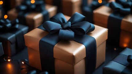 Fototapeta premium Black gift boxes with tags and black ribbon bows arranged on a black background.