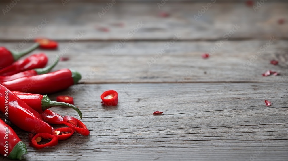 Poster fresh red chili peppers piled on rustic wood table space for ingredients and cooking : generative ai
