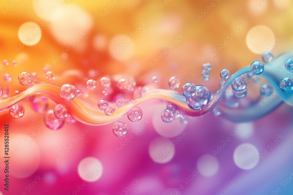 Fototapete molecules floating over a vibrant, waving background in an abstract representation of movement and c