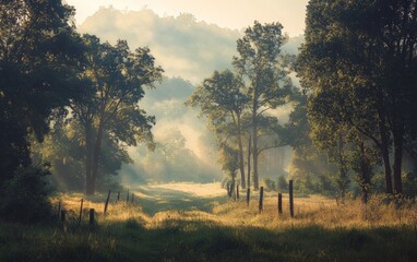 Fototapeta premium Misty morning in a tranquil forest with lush greenery and soft sunlight highlighting the pathway