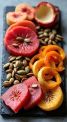 Many different fruits and vegetables on a black plate