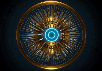 Obraz premium Abstract Futuristic Technology Circular Design Golden and Blue Neon Lights Digital Art 3D Render