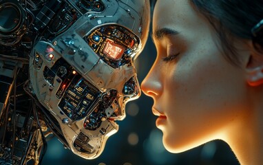 Close encounter between human and android at futuristic tech exhibition featuring intricate designs and emotional expressions