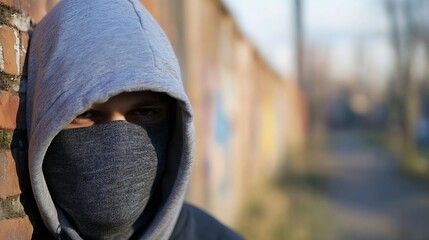 A man in a gray hoodie and mask standing by a brick wall in an urban setting : Generative AI