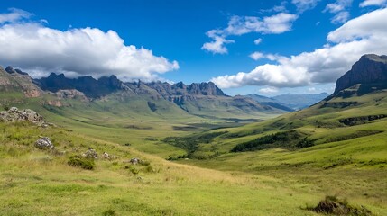 Breathtaking green valley landscape surrounded by majestic mountains under blue skies : Generative AI