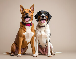 Cheerful dogs posing against a neutral background, showcasing their playful and friendly demeanor. Generative AI
