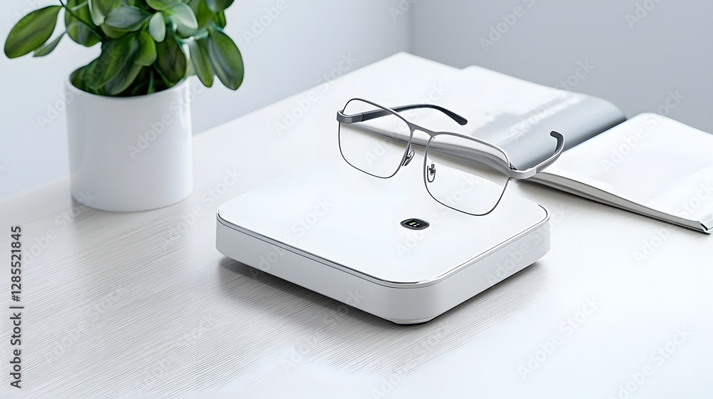 Poster futuristic smart glasses resting on a sleek modern wireless charging cradle placed on a minimalist c