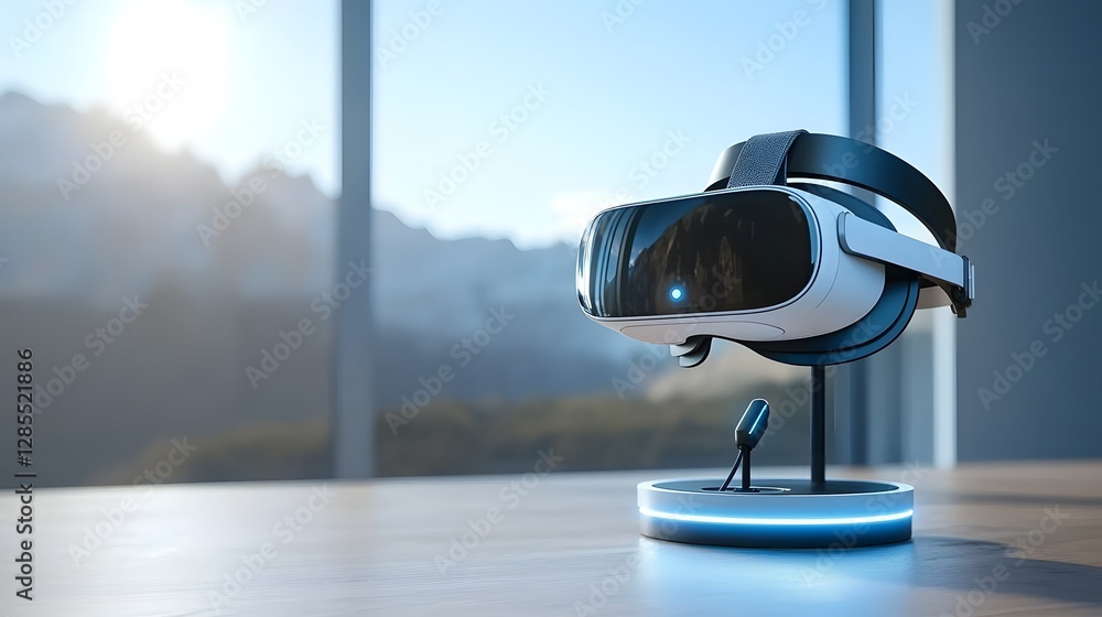 Leinwandbilder futuristic virtual reality headset charging on an illuminated minimalist stand the vr device is plac